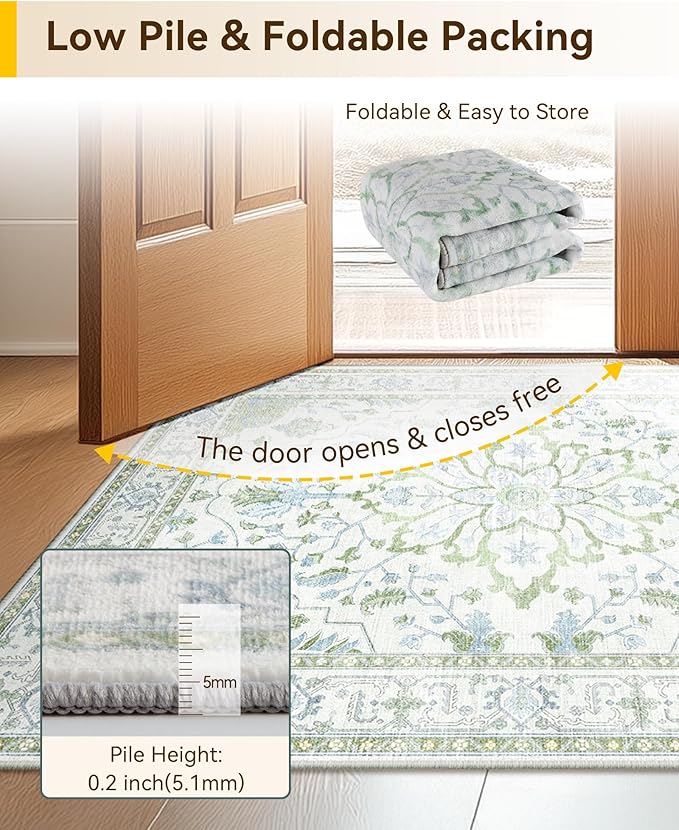 RELEANY Area Rugs 3'x5' Washable Non-Slip, Floral Vintage Distress Print Pattern Medallion Carpet for Living Room Bedroom Dining Room, Green White Blue