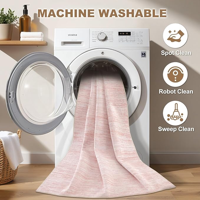 Nakagishi 5X7 Area Rugs Living Room: Washable Large Vintage Rug Neutral Non-Slip Soft Stain Resistant Indoor Carpet for Bedroom Nursery Dining Room Office Playroom - Pink-01
