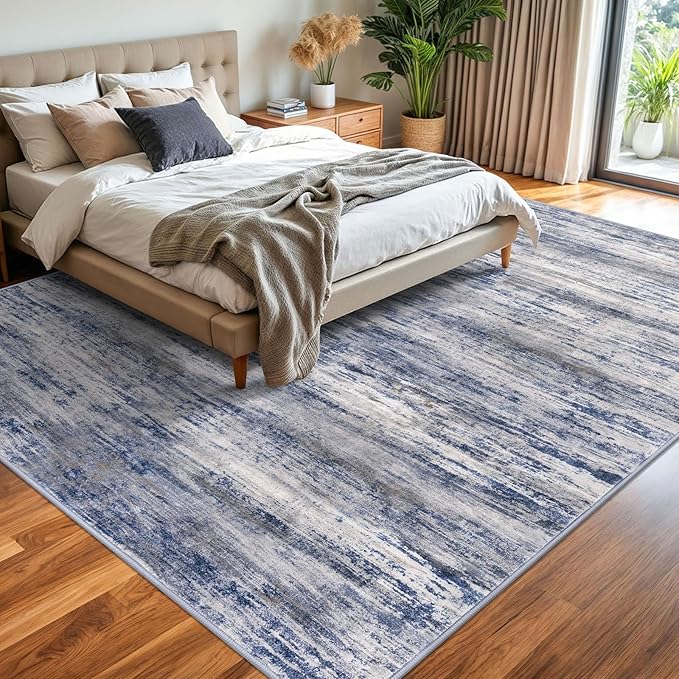 KOZYFLY Area Rugs 9x12 Living Room Modern Ombre Washable Thin Rug Large Rugs Non-Slip Soft Striped Rug for Bedroom, Print Grey-Blue Abstract Carpet for Laundry/Kid Room