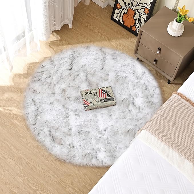 ORINOVA White and Grey Shaggy Round Rugs 6.6ft Large Circle Washable Faux Sheepskin Furry Fur Rugs for Bedroom Living Room Nursery Rug Home Décor