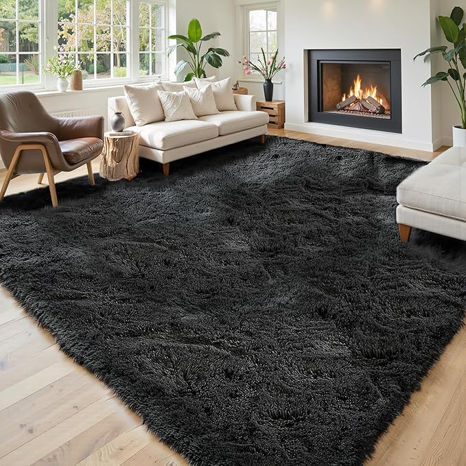 Area Rugs 10x14 Living Room, Shaggy Carpet Soft Plush Furry Bedside Rug Large Area Rugs for Bedroom Kids Girls Boys Home Decor Anti Slip(10 x 14, Black)