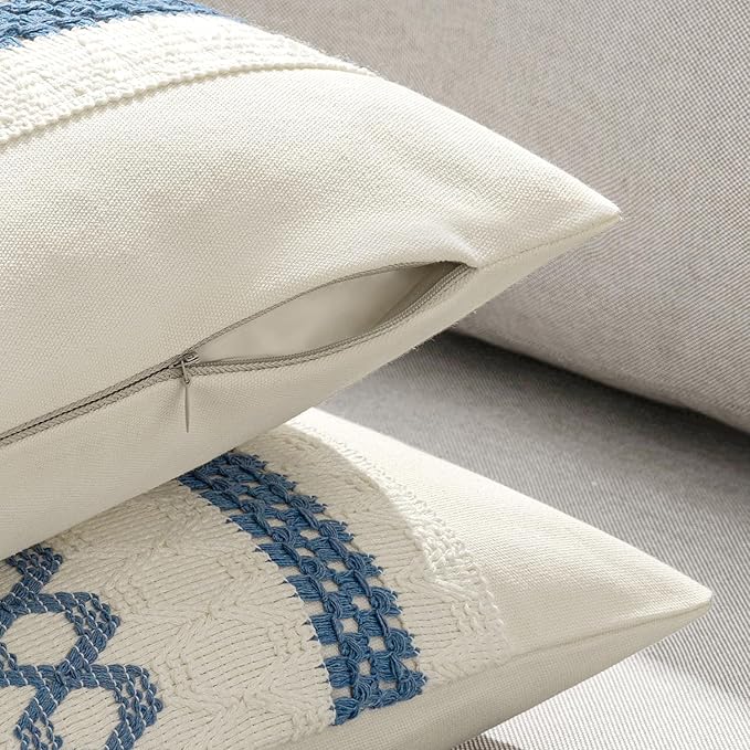 MIULEE Set of 2 Coastal Blue Boho Decorative Pillow Covers 20x20 Inch Farmhouse Rustic Couch Throw Pillows Modern Summer Cotton Cushion Covers Retro Cute Macrame Woven Spring Decor for Bed Sofa Chair