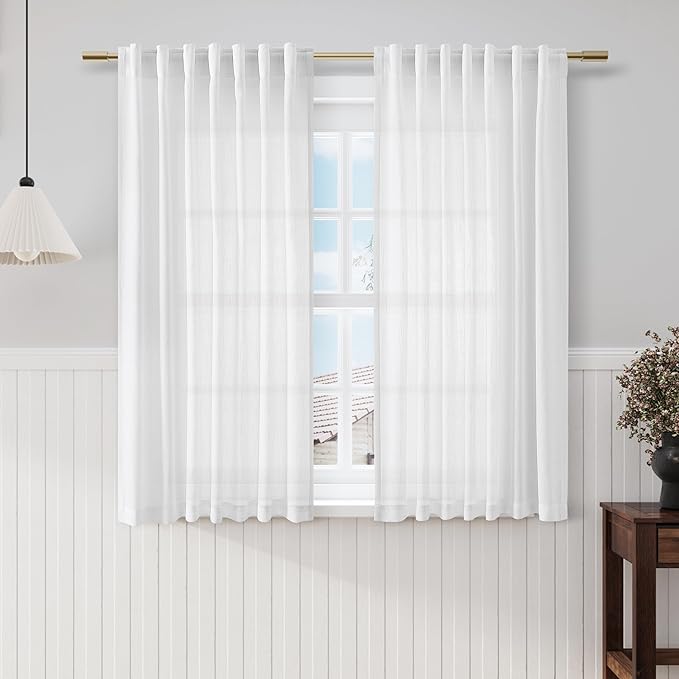 Nanspring White Linen Back Tab Rod Pocket Curtains 52 Inch Length for Small Windows Privacy Semi Sheer Neutral Modern Farmhouse Window Curtain Linen Drapes Rustic Curtain 2 Panels Set 52x52