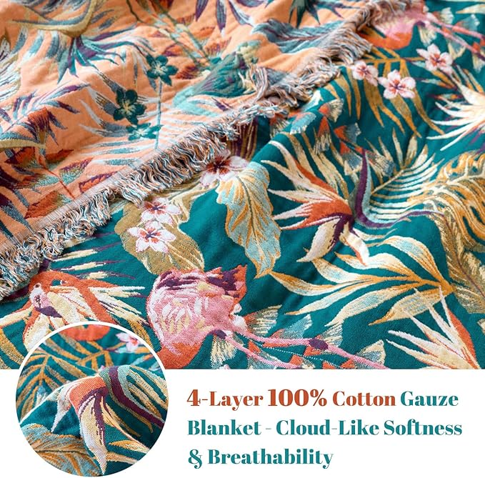 MSGKV Boho Throw Blanket for Couch 50"x60" 100% Cotton Jungle Animal Blanket Spring Breathable Lightweight Blankets for Sofa Home Decor Muslin All Seasons