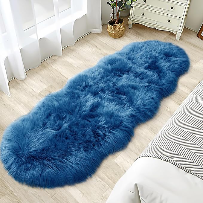 Faux Fur Rug for Bedroom, Fluffy Runner Rugs Soft Sheepskin Rug Sofa Couch Seat Cushion, 2x6ft Dark Blue Plush Area Rug Shag Rugs Floor Carpets for Nursery Bedside, Cute Shaggy Fuzzy Home Decor