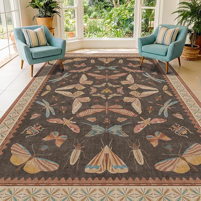 Dining Room Rugs for Under Table 6x9 - Washable Soft Rugs for Bedroom Aesthetic, Low Pile Stain Resistant Living Room Carpet, Vintage Insect Home Décor (Brown)