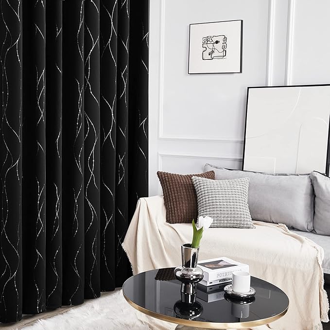Deconovo Short Blackout Curtains, Black Drapes, Thermal Insulated Soundproof Grommet Curtain, Wave Line Dot Foil Print, 38 x 54 Inch, 2 Panels, Machine Washable Window Panel for Small Windows Kitchen