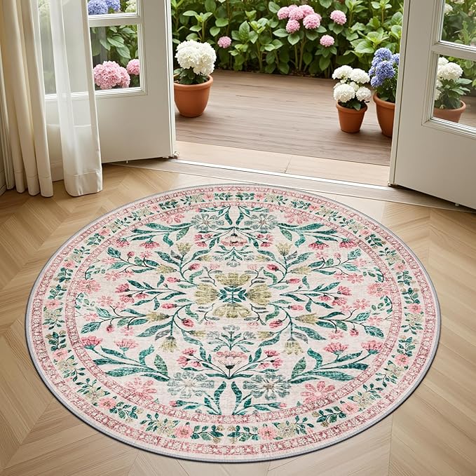 Round Area Rug for Living Room: 4 ft Floral Washable Circle Rug Soft Boho Non-Slip Carpet Indoor Stain Resistant Low Pile Small Circular Rug for Bedroom Entryway Kitchen Nursery Home Office Pink Green