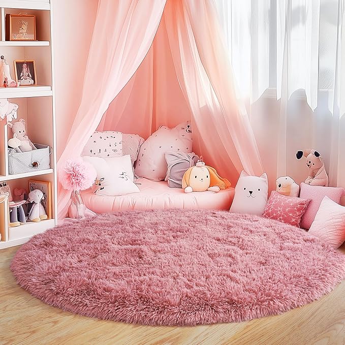5'x5' Blush Round Rugs for Girls Bedroom, Ultra Soft Fluffy Circle Rug for Kids Room, Cute Shag Rugs for Living Room Playroom Tent Castle Home Decor Rug