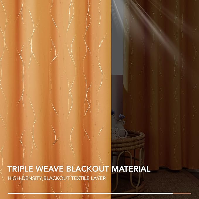 Deconovo Halloween Curtains, Blackout Drapes, Thermal Insulated Soundproof Curtain with Silver Wave Dots Print, 42 x 63 Inch, Machine Washable Panels for Bedroom Living Room Party, Set of 2, Orange