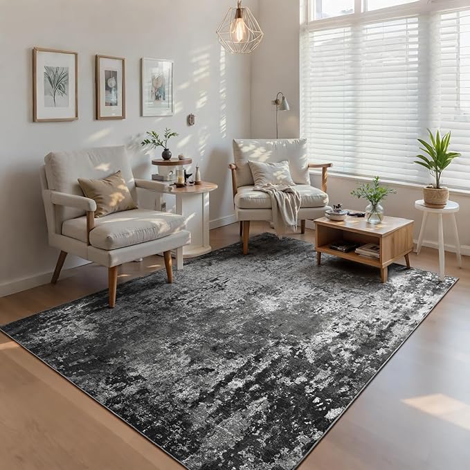 Ompaa Living Room Rug 5x7 Black Area Rug Machine Washable Boho Carpet Non Slip Abstract Vintage Indoor Large Rugs for Bedroom, Classroom, College Dorm, Farmhouse, Dining Room, Kids Playroom