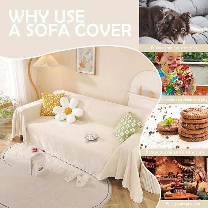 HANDONTIME Beige Sofa Covers Couch Covers for 3 Cushion Sofa Cute Couch Cushion Covers Pet Couch Protector Thick Chenille Loveseat Cover Multi-Functional Throw Cover, 71" X118"