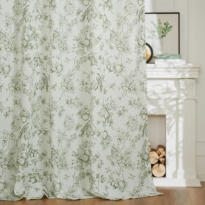 jinchan Linen Floral Curtains for Living Room 63 Inch Long Sage Green Printed Flower French Country Curtain Farmhouse Cottage Core Toile Curtains Back Tab Light Filtering Window Drapes Set 2 Panels