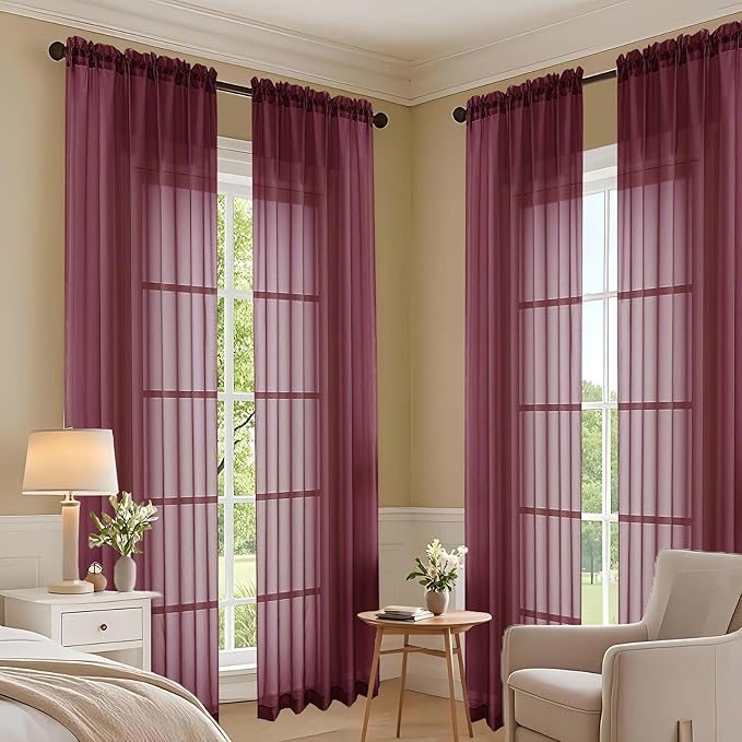 OVZME Burgundy Bedroom Curtains 96 Length for Farmhouse, 59 Inch Extra Wide Light Filtering Voile Drapes Light Airy Window Decor for Patio Door Living Room Bedroom Dining, 59Wx96L Inches