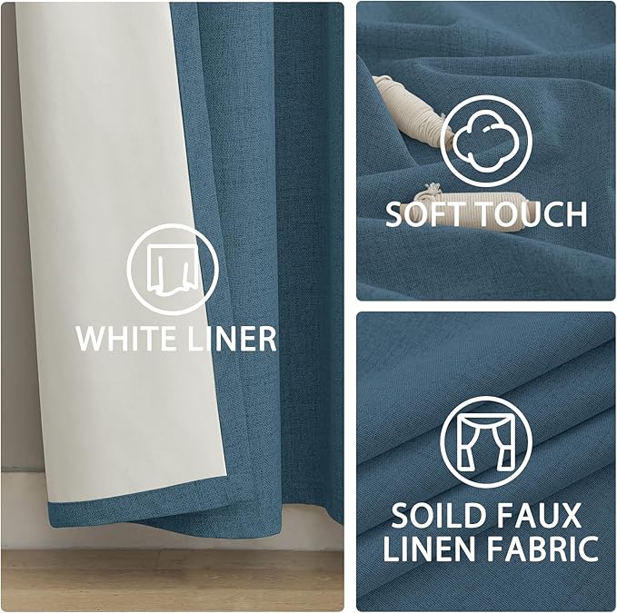 Yakamok Dusty Blue Linen Curtains 100% Blackout 90 Inches Long,Room Darkening Textured Curtains for Living Room Thermal Grommet Bedroom Curtain 2 Panels with White Liner
