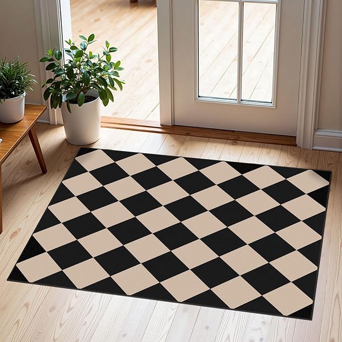 Front Door Mat Outside Entrance - 2x3 Black Tan Non-Slip Washable Doormat Indoor Outdoor Mat Entry Rug Geometric Diamond Small Throw Rugs for Entryway Kitchen Front Porch Decor
