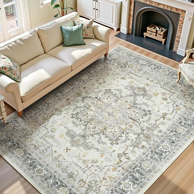 Lofus 8x10 Area Rugs for Living Room, Machine Washable Non-Slip Area Rug, Low Pile Large Rugs for Bedroom, Kitchen, Dining Room, Home Office, Vintage Oriental Print Rug, Taupe Grey