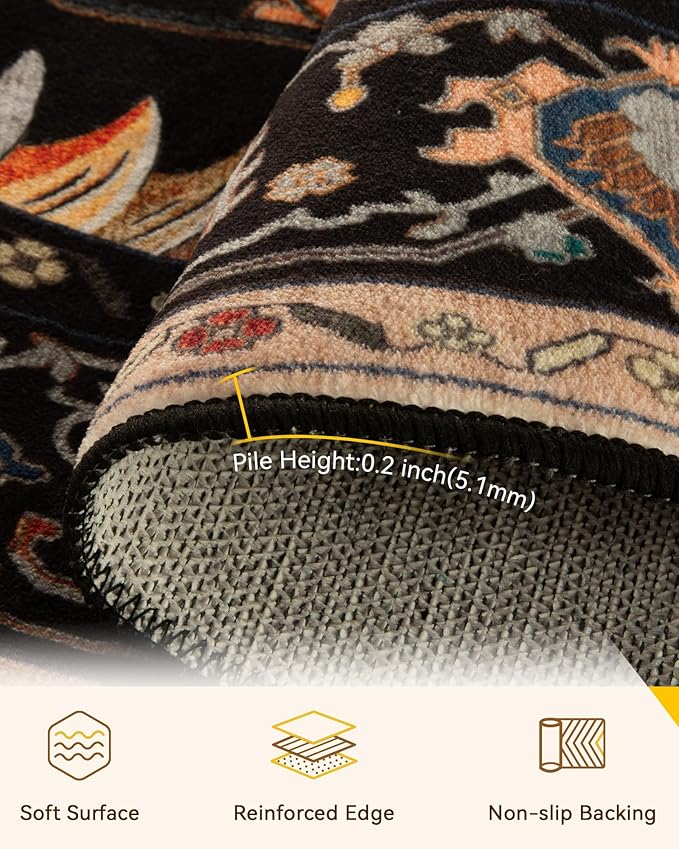 Area Rugs 4ft Washable Non-Slip, Floral Vintage Distress Print Pattern Medallion Carpet for Living Room Bedroom Dining Room, Black Colorful Floral Dark Tan