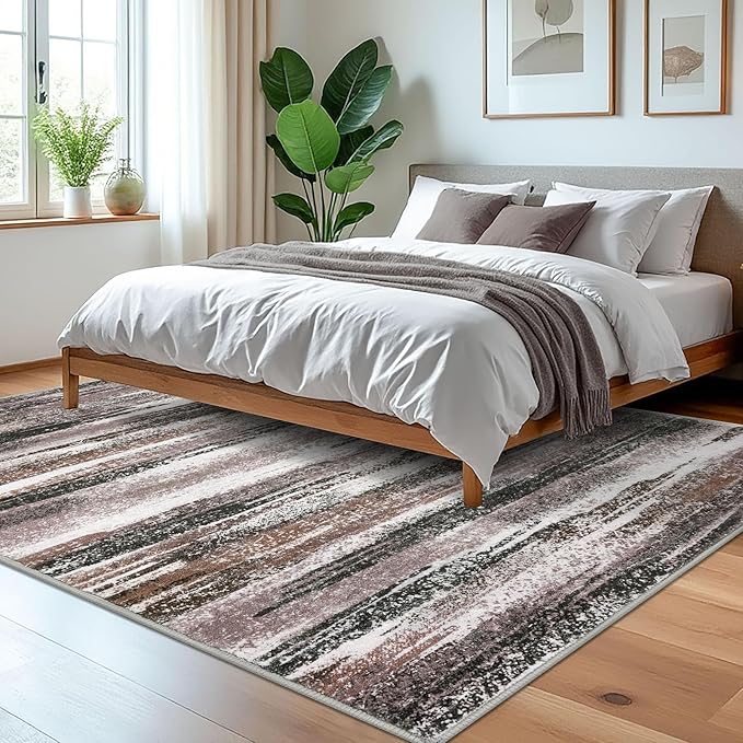 Lansny Modern Abstract 5x7 Machine Washable Area Rug Non-Slip Soft Bedroom Living Romm Rug Dark Light Brown White Ultra Thin Print Faux Wool Floor Carpet Throw Rugs for Dining Room Indoor Office