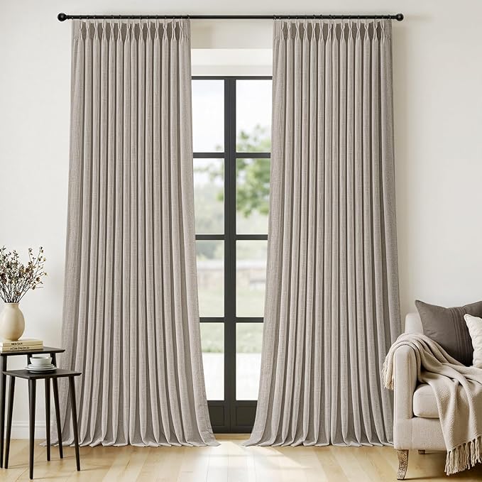MIULEE Pinch Pleated Thick Linen Curtains 108 Inches Length 2 Panels for Living Room Bedroom, Extra Long Pinch Pleat Drapes Back Tab Light Filtering Taupe Foor to Ceiling Curtains with Hooks&Rings
