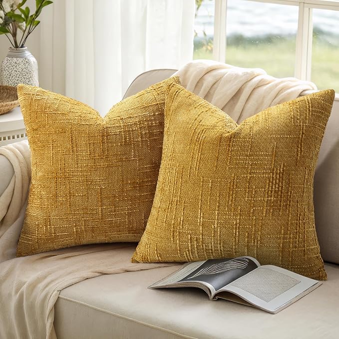 decorUhome Summer Mustard Yellow Chenille Throw Pillow Covers 18x18 Set of 2 Textured Soft Cozy Slubby Couch Pillow Covers Modern Farmhouse Boho Decorative Pillow Cases for Bed Sofa Living Room