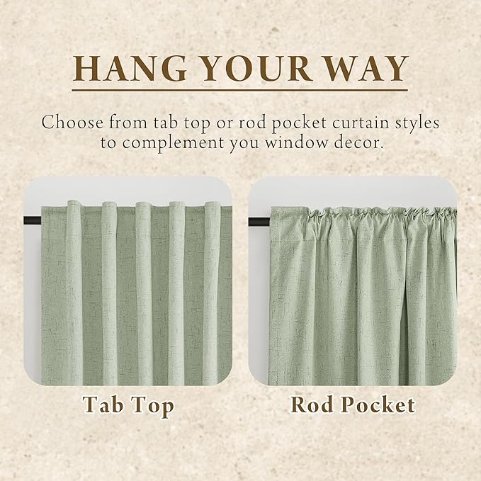 RYB HOME 100% Blackout Sage Green Linen Curtains, Extra Long Light & Heat Blocking Thermal Privacy Protection Neutral Window Drapes for Living Room Bedroom, 52" W x 108" L, 2 Panels Set