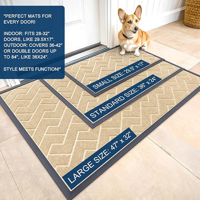 OLANLY Front Door Mat Indoor Outdoor Entrance, Waterproof All-Season, All-Weather Doormat, Sturdy Natural Rubber, Low Profile, Easy Clean Patio Porch Entryway Mat, Herringbone Brick (Beige, 47x23)