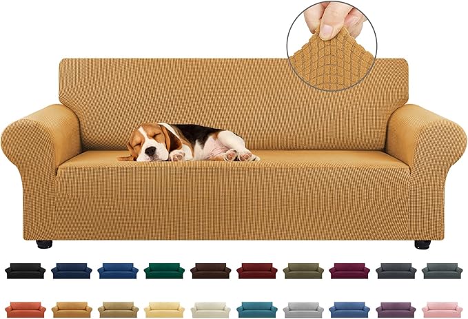 KEKUOU Stretch Sofa Cover Slipcover ，Couch Covers for 3 Cushion Couch Sofa pet Friendly (78"-94") Furniture Protector Sofa with Elastic Bottom for Kids,Dog, Jacquard Small Checked(Large,Golden)