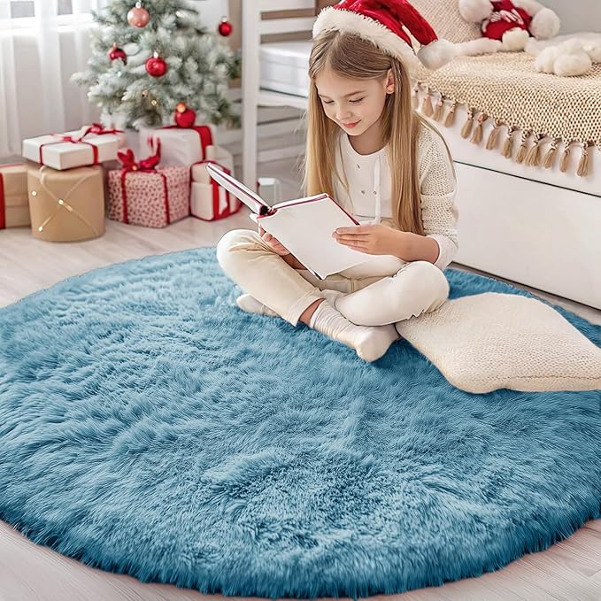 OLANLY Slate Blue Round Rugs for Bedroom - Machine Washable, 4 ft Circle Area Rugs for Living Room, Soft and Fluffy Shaggy Carpet for Teen Girl and Boys, Nursery Rooms, Dorms, Home Decor Aesthetic