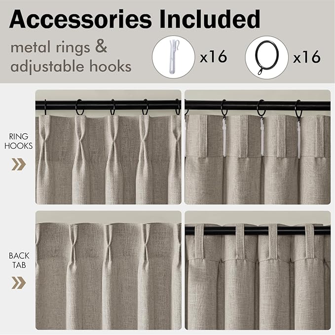 MIULEE Pinch Pleated Thick Linen Curtains 90 Inches Long 2 Panels for Living Room Bedroom, Linen Textured Memory Trained Pleat Drapes Back Tab Light Filtering Taupe Window Curtains with Hooks