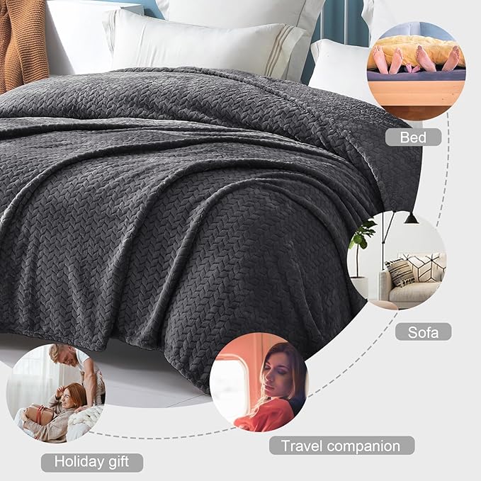 Exclusivo Mezcla Fleece Queen Size Blanket for Bed, 90x90 Inches Soft Cozy Jacquard Flannel Blankets, Lightweight Fuzzy Plush Warm for Women, Dark Grey