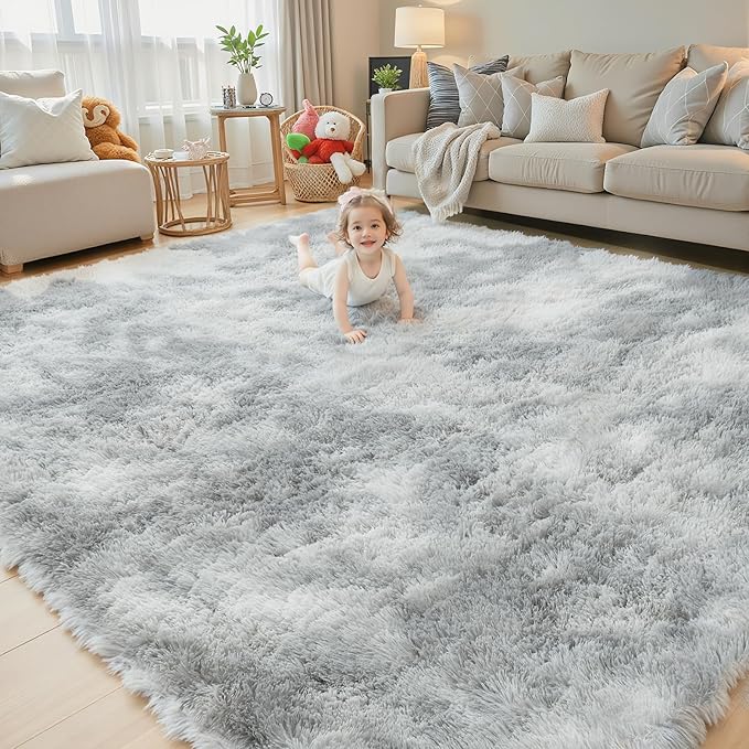 3x5 Rug, Bedside Preppy Dorm Area Rug, College Essentials Small Carpets for Bedroom, Anti Slip Fluffy Gray Living Room Rugs Home Decor Aesthetic(3 x 5, Light Grey Tie-Dyed)