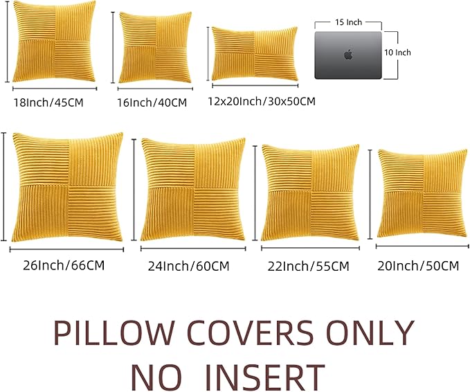 Fancy Homi 2 Packs Gold Yellow Decorative Throw Pillow Covers 22x22 Inch for Living Room Couch Bed Sofa, Farmhouse Boho Home Decor, Soft Corss Corduroy Patchwork Accent Square Cushion Case 55x55 cm