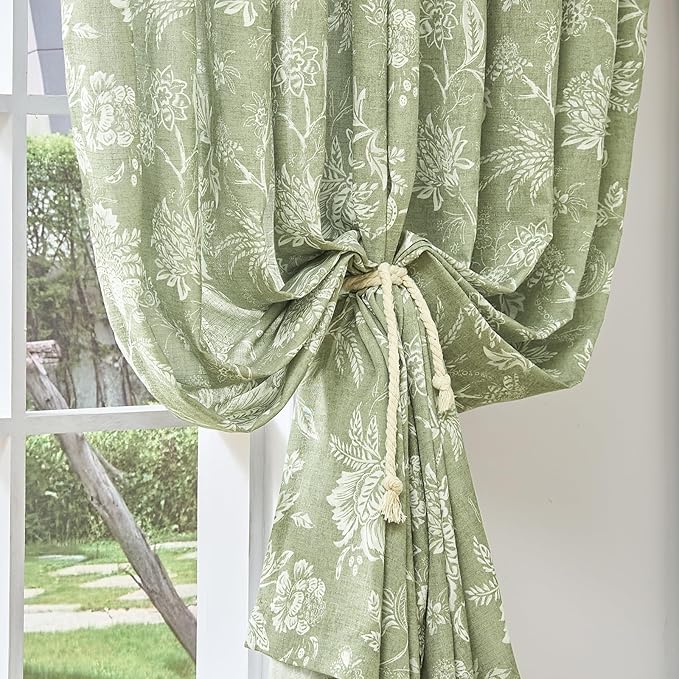jinchan Linen Floral Curtains for Living Room with Printed Flower 84 Inches Long Light Filtering French Country Back Tab Rod Pocket Sage Green Window Curtain Set Farmhouse Drapes 2 Panels