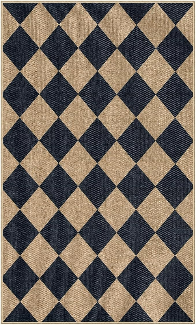 Lahome Colette Checkered Easy Jute 3x5 Outdoor Patio Rug, Washable Rugs for Entryway Diamond Indoor Outdoor Living Room Carpet, Farmhouse Neutral Non Slip Black Door Carpet for Backyard Bedroom