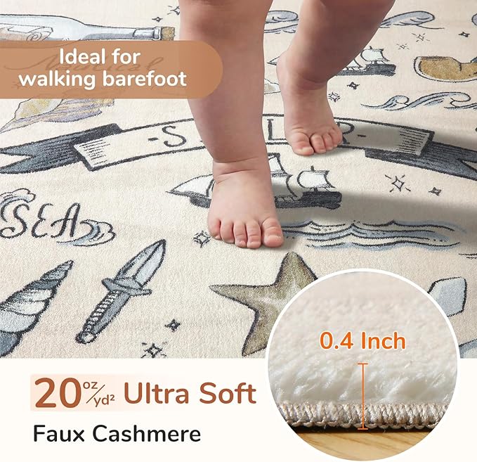 OPPODREAM Nautical Soft Area Rugs 5x7, Washable Beige Rug with Non Slip Backing, 5 x 7 Faux Cashmere Low-Pile 5x7 Carpet