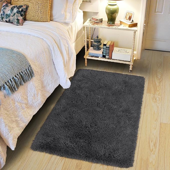 Pionblank Fluffy Small Rug for Bedroom 2x3 Feet, Shag Soft Area Rug for Bedside, Modern Plush Cute Carpet for Kids Girls Boys Room Nursery Decor, Charcoal Grey