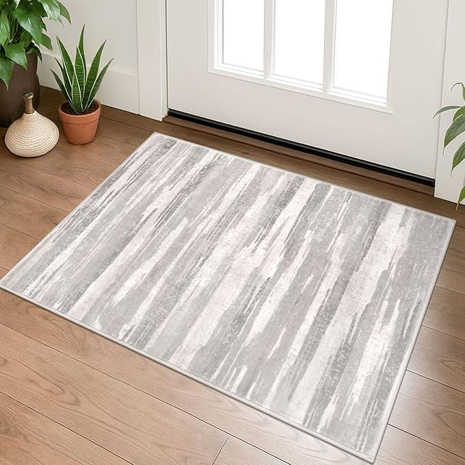 Lansny Modern Abstract Entryway Rug Indoor 2x3 Neutral Washable Non-Slip Soft Small Area Rug Light Beige and Grey Kitchen Mat Thin Print Faux Wool Floor Carpet for Entrance Bedroom