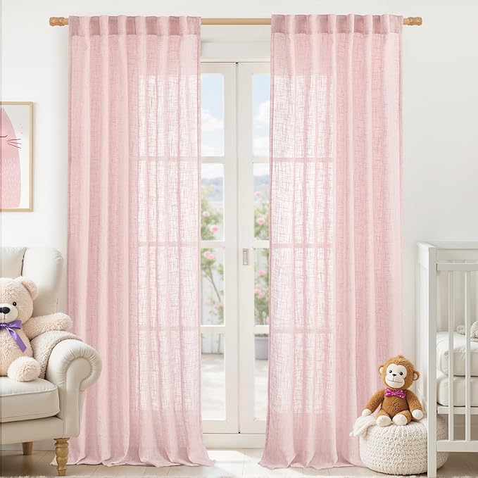 LAMIT 95 Inches Long Pink Linen Curtains for Living Room, Back Tab and Rod Pocket Semi Sheer Curtains Light Filtering Farmhouse Drapes for Bedroom/Dining Room, Set of 2, 52 x 95 Inch