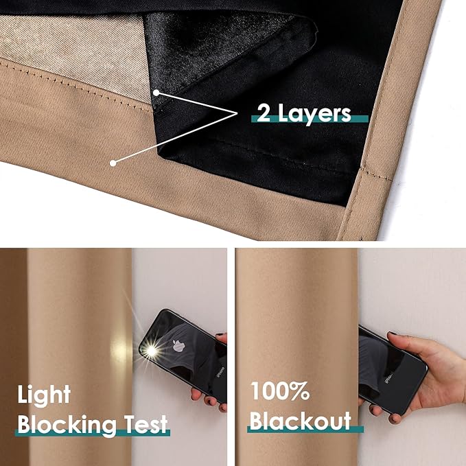 ChrisDowa 100% Blackout Curtains 90 inch Long for Bedroom with Black Liner, 2 Thick Layers Total Blackout Thermal Insulated Grommet Long Window Curtains 2 Panels Set (Cappuccino, 52 x 90 Inch)