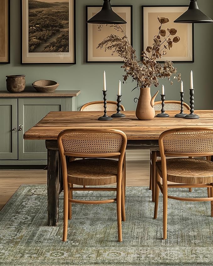 BEIMO Area Rugs 5x7 for Living Room Bedroom, Modern Boho Machine Washable Large Distressed Light Greyish Sage Green Rug, Low Pile Floor Carpet with Non Slip Backing for Dining Room