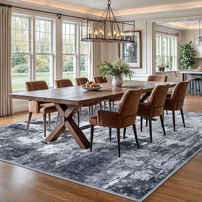 KOZYFLY Modern Abstract Area Rug 8x10 Gray Washable Large Living Room Thin Rugs Bedroom Non Skid Carpet with Faux Wool Soft Low Pile for Dining Room Living Room Office Dorm Kitchen Table Apartment