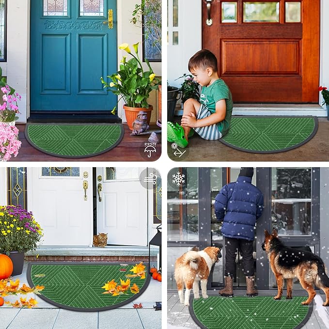 Smiry Half Circle Front Door Mat Outside Entrance, Heavy Duty Sturdy Natural Rubber Doormat, Trap Dirt and Moisture, Low Profile Mats for Indoor Outdoor Entry, Irregular Triangle (35x23, Green)