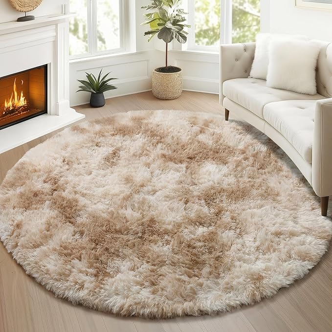 ONASAR Tie-Dye Beige Round Area Rug 4ft, Soft Bedroom Circle Rugs Floor Mats for Kids Girls Teen Room, Kawaii Fluffy Plush Shaggy Carpet for Baby Nursery Living Room Playroom Home Decor