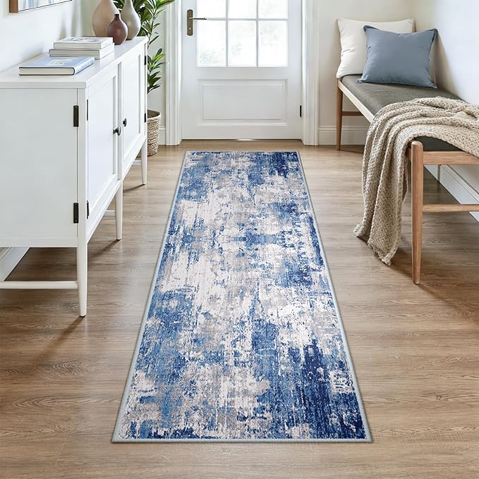 Washable Area Rugs 3x7 Non-Slip Modern Abstract Soft for Living Room Entryway Bedroom Nursery, Print Pattern, Blue Grey Navy Gray