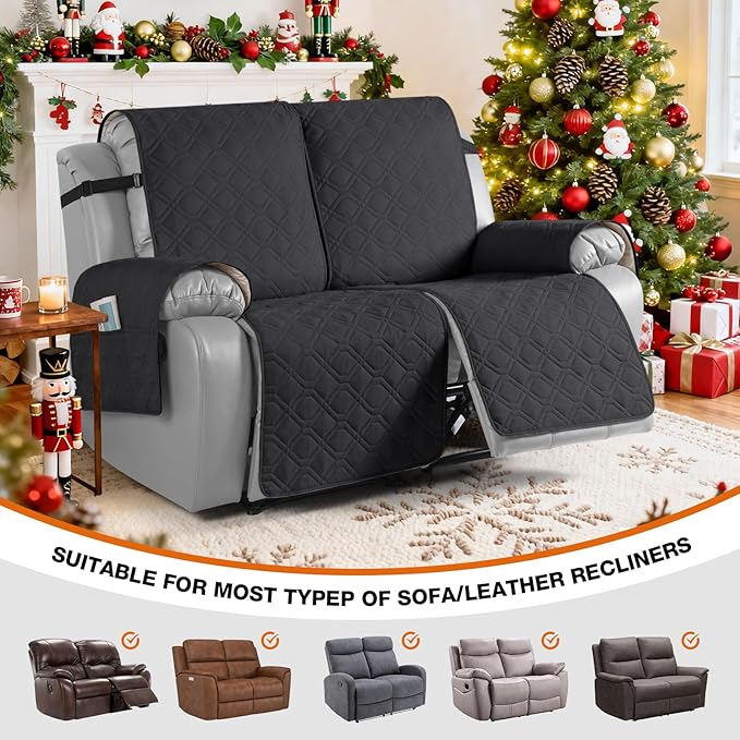 VANSOFY Waterproof Recliner Couch Covers, Sofa Covers 1-Piece Washable Reclining Sofa Cover Non-Slip Furniture Protector with Elastic Straps Pocket for Dogs, Pets(Charcoal Gray,2 Seater)