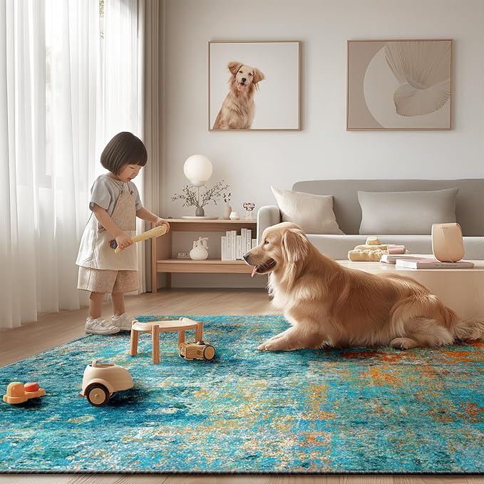 Washable Area Rugs 6'x9' Non-Slip Modern Abstract Soft for Living Room Entryway Bedroom Nursery, Print Pattern, Teal Blue Green Orange Rust Red Coloreful