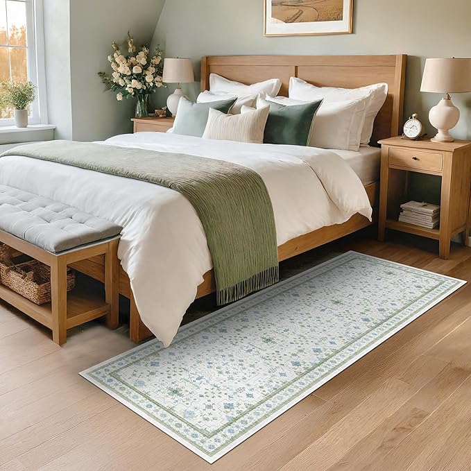 Hazo Haus Washable Oushak Bathroom Runner Rug 2x5 - Eclectic Boho Floral Pastel, Non Slip Low Pile Stain Resistant Small Throw Rug for Bedroom, Laundry Room, Powder Room, Cream Green