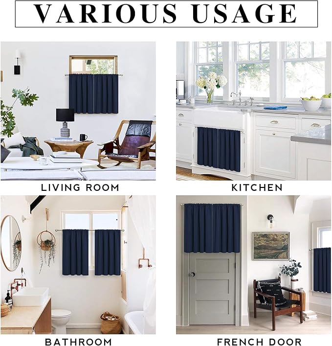 RYB HOME Short Blackout Curtains for Bedroom, Room Darkening Insulated Summer Heat Light UV Blocking Energy Saving Drapes for Nursery, Width 34 by Length 45, Navy Blue, Set of 2