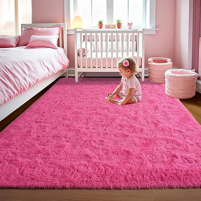 LOCHAS Ultra Soft Indoor Modern Area Rugs Fluffy Living Room Carpets for Children Bedroom Home Decor Nursery Rug 4x5.3 Feet,Hot Pink